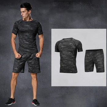 

Fitness suit men sport vest running fast dry clothes set short-sleevetight tights high-bounce basketball training gym Sportswear