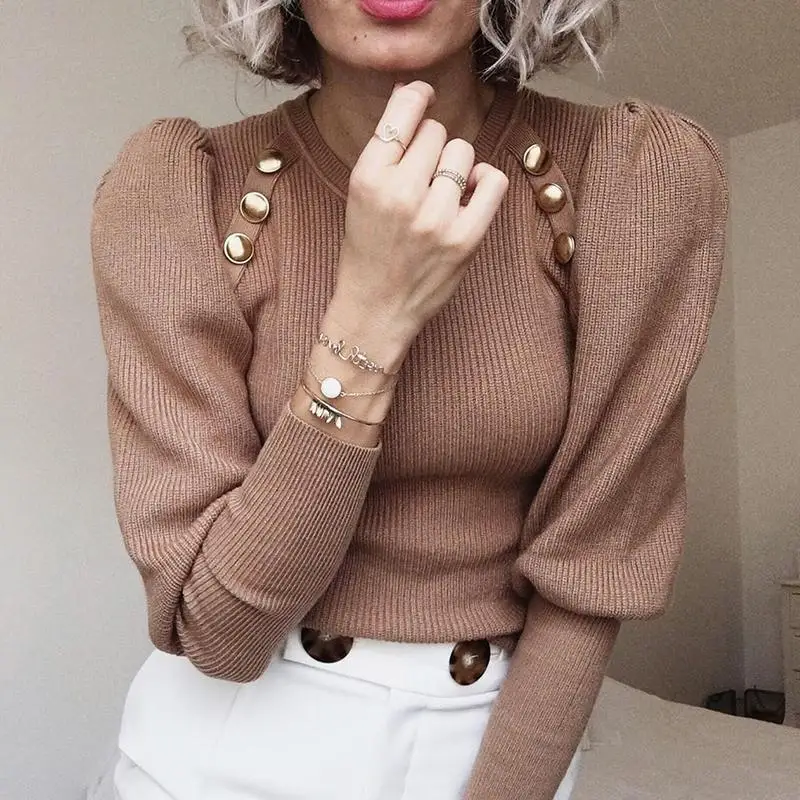 O-neck Button Shoulder Knitted Sweater Women Solid Long Sleeve Pullovers Jumper Winter 2019 Elegant Puff Tops | Женская одежда