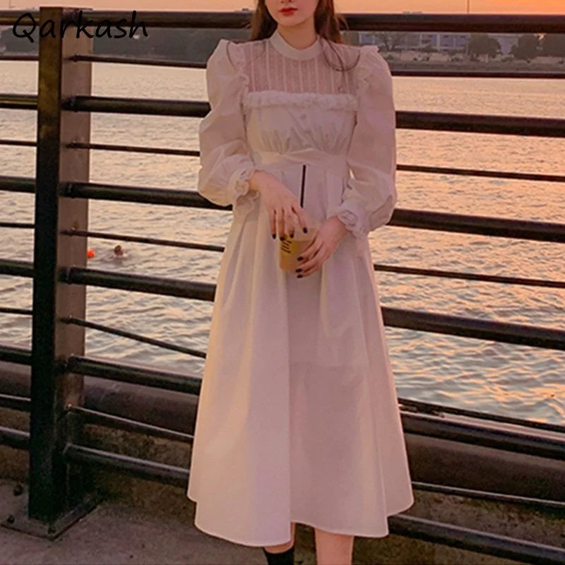 Dresses Women Oneck Romantic Vestidos Chic Solid Harajuku French Style