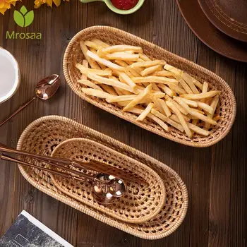 

Rattan Bread Basket Oval Hand-Woven Tea Tray Food Serving Platter For Dinner Parties Coffee Breakfast Tools Kitchen Supplies