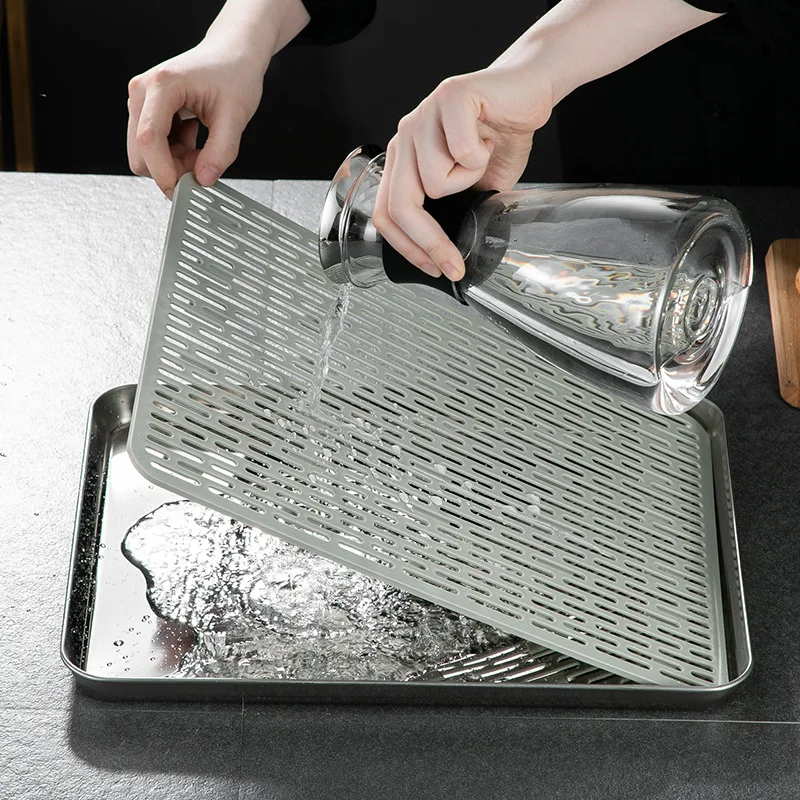 Tea Tray 304 Stainless Steel Chinese Tea Tray Rectangle Hollow Drain Board Barbecue Filter Oil Plate Cup Food Storage Pan Ceremony Tools