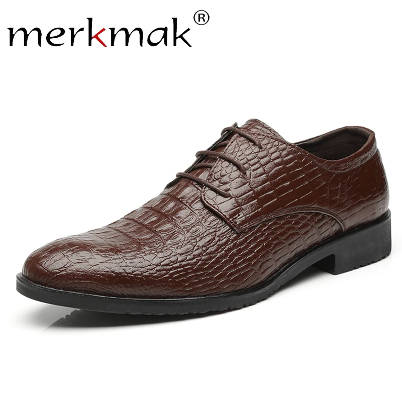 

Merkmak Spring Autumn Classic Crocodile Pattern Men Leather Shoes Soft Business Pointed Toe Formal Leather Dress Shoes Flat Man