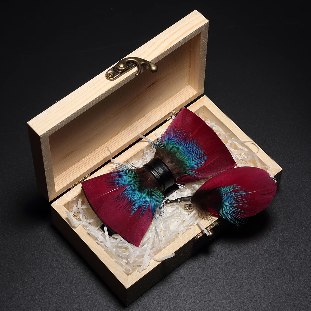 GUSLESON дизайн натуральный перо галстук-бабочка изысканный ручной работы Мужская брошь-бант булавка деревянная Подарочная коробка набор для свадьбы