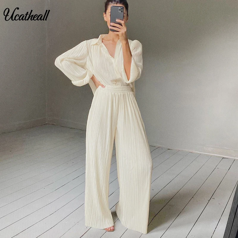 Pleated Chiffon Sexy Two Piece Set Women Wide Leg 2 Blouse Top And Pants Summer Matching Sets Club Lapels Outfits |
