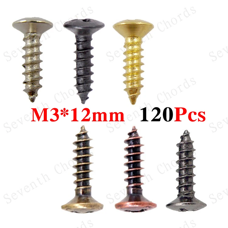 

120 Pcs M3*12MM Bass Guitar Pickguard Screws Cover Plate Jack Mounting screw for Electric Guitar / Chrome Black Gold Gun color