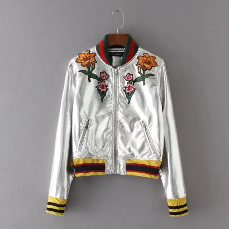

Western Style Autumn And Winter WOMEN'S Dress Metallic Fashion Embroidered Labeling Flower Contrast Color Thread Jacket Baseball