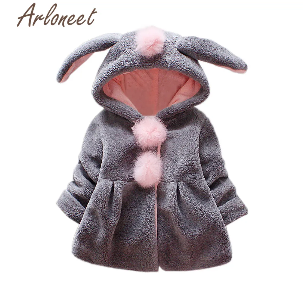 Серый ARLONEET/пальто с героями мультфильмов для маленьких девочек; теплое зимнее плотное пальто с заячьими ушками; милая Длинная Верхняя одежда; пальто для новорожденных; Верхняя одежда с капюшоном для девочек - Цвет: Серый