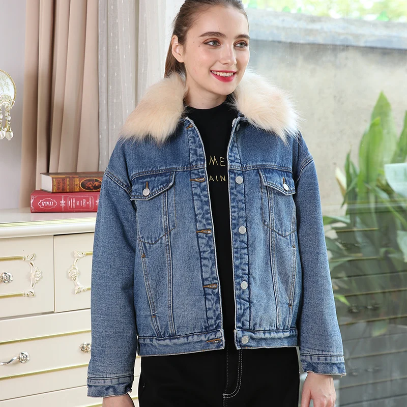 Женская теплая джинсовая куртка LEIJIJEANS, повседневная куртка с большим меховым воротником, новая модная модель большого размера с начесом на зиму