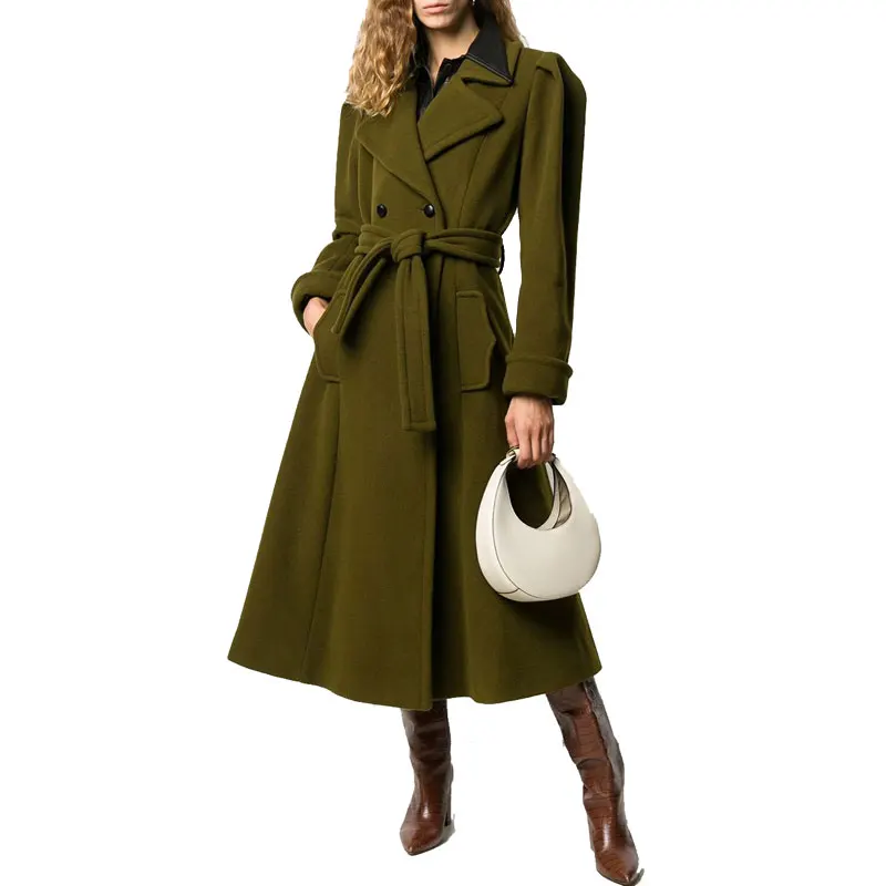 

Fall Winter 2021 Wool Blends New V Neck Double Breasted Bubble Sleeve Lace Up Slim Women Long Coats Army Green OL Jackets Tops