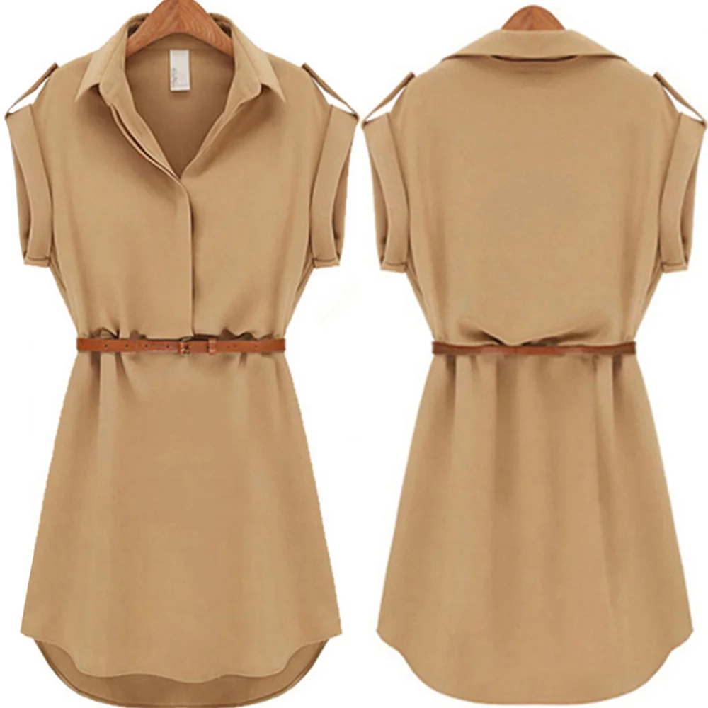 

2020 Chiffon Straight Elegant Shirt Dress Summer Basic Vintage Turn Down Collar Belt Khaki Office Ladies Dress Vestidos D30