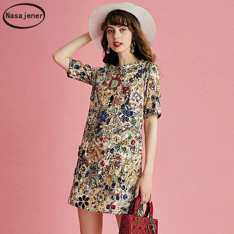 

2019 New Fashion Runway Summer Vintage Dress Women's Half Sleeve Peinted Crystal Beading Elegant Party Loose Mini Dresses