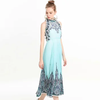 

Temperament printed flower wood ear hang neck dress 2019 summer new womenswear organza 100 fold big swing dress dress