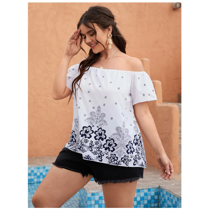 

Slash Neck Floral Print Summer Casual Blouses Short Sleeve Women Shirts 2XL To 7XL Oversized Tops Female Blusas Mujer T2527