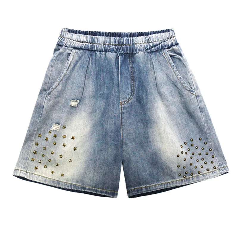 

XUXI Denim Shorts Women Loose 2020 Straight High Waist A Word Was Thin And Large Size Summer Thin Rivet Hole jeans woman FZ1835