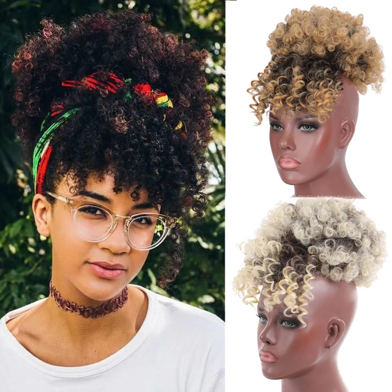 High Puff Afro Curly Ponytail with bangs Drawstring Short Afro Kinky Pony Tail Clip in /on Synthetic Hair Bun Hair Extensions 6