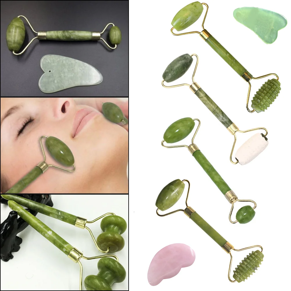 Rosalind 2 in 1 Green Roller and Gua Sha Tools Set by Natural Jade Scraper Massager with Stones for Face Neck Back Jawline |