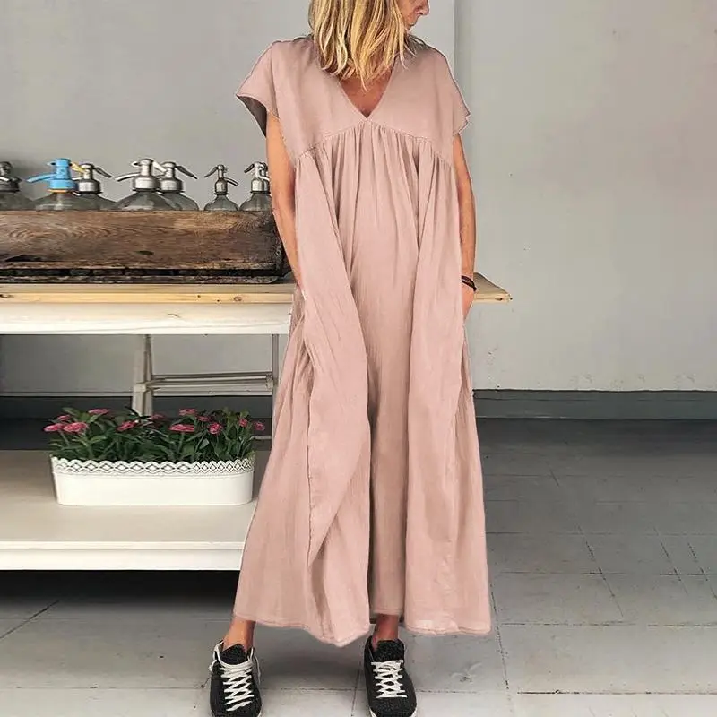 

ZANZEA Summer Cotton Linen Sundress Women V Neck Short Sleeve Long Dress Solid Beach Party Dresses Femme Robe Vestido Kaftan