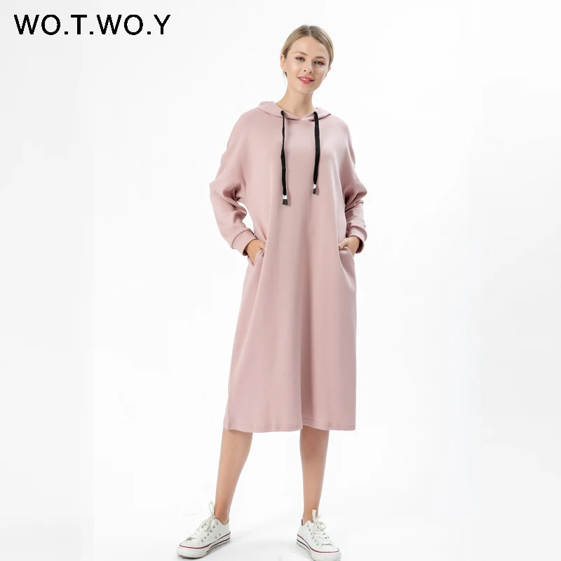 

WOTWOY New Casual Pink Hooded Straight Dresses Women Autumn Winter Black Thick Loose Long T-shirt Dress Lady Mid-Calf Cotton