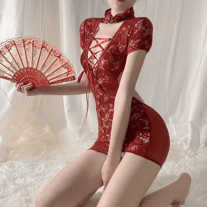 

Lace Up Backless Perspective Qipao Hollow Out Mesh Women Cheongsam Dress Hot Sexy Costumes V Neck Skinny Tempatation Lingerie