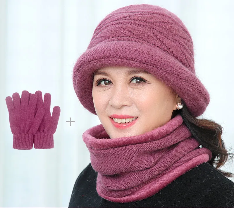 purple 2 Новинка, зимняя женская шапка из кроличьего меха, шарф, перчатки, комплект из 3 предметов, женские теплые шерстяные вязаные плюшевые шарфы, 3 шт., шапка для мамы, подарок, толстая флисовая шаль - Цвет: purple 2