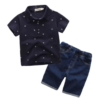 

Boys Casual Fashion Set Short Sleeve Lapel Polo Top Jeans 2-Piece Set Cartoon Anchor Pattern Summer Short Sleeve Gentleman Suit