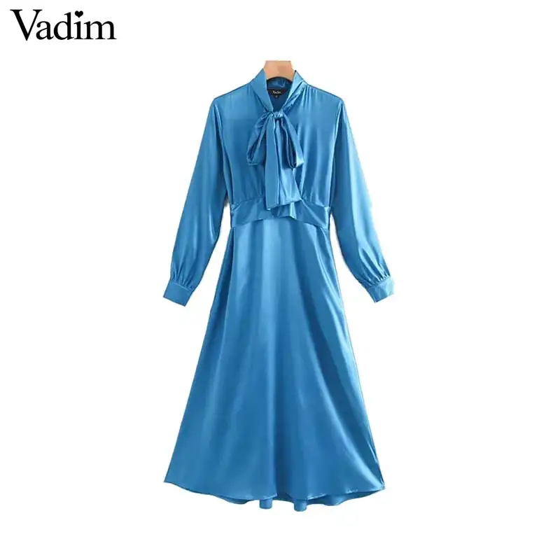 Vadim women elegant blue midi dress bow tie collar sashes buttons long sleeve female casual