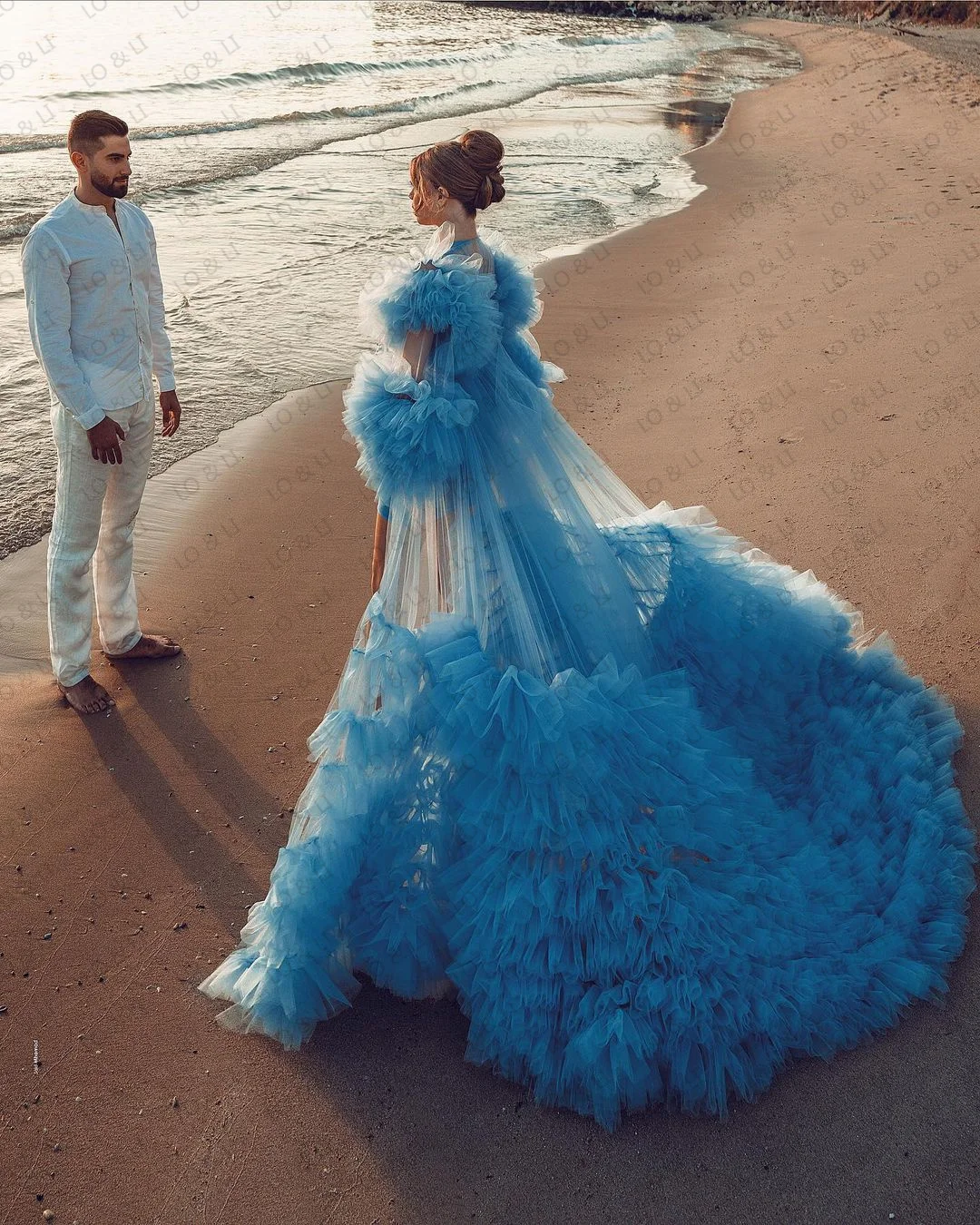 

LO&LI Elegant Dresses For Women 2021 Tull Robe Bridal Bathrobe Materinity Pajamas Pregnant Home Clothing Ruffle Photograph Shoot