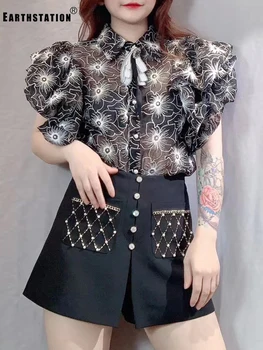 

Free shipping heavy craft embroidery flower pattern bow decoration bubble sleeve shirt ladies summer new retro fashion wild top