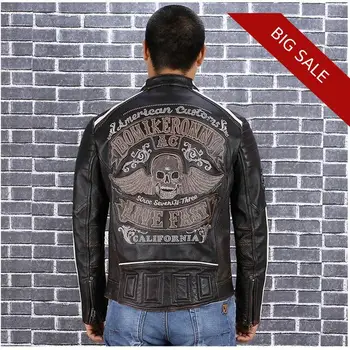 

2020 Vintage Black Men Skulls Embroidery Biker's Leather Jacket Plus Size 4XL Genuine Cowhide Slim Fit Motorcycle Leather Coat