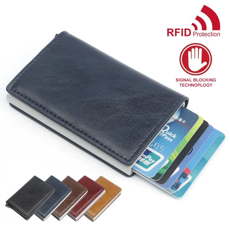 Genuine Leather Men Wallet Automatic Credit Card Holder Leather Blocking Small Metal Wallet Money Clip Aluminum Wallet Bag
