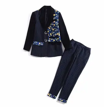 

European and American women's clothing 2019 winter new style Long sleeve printed stripe coat Nine minutes of pants suit