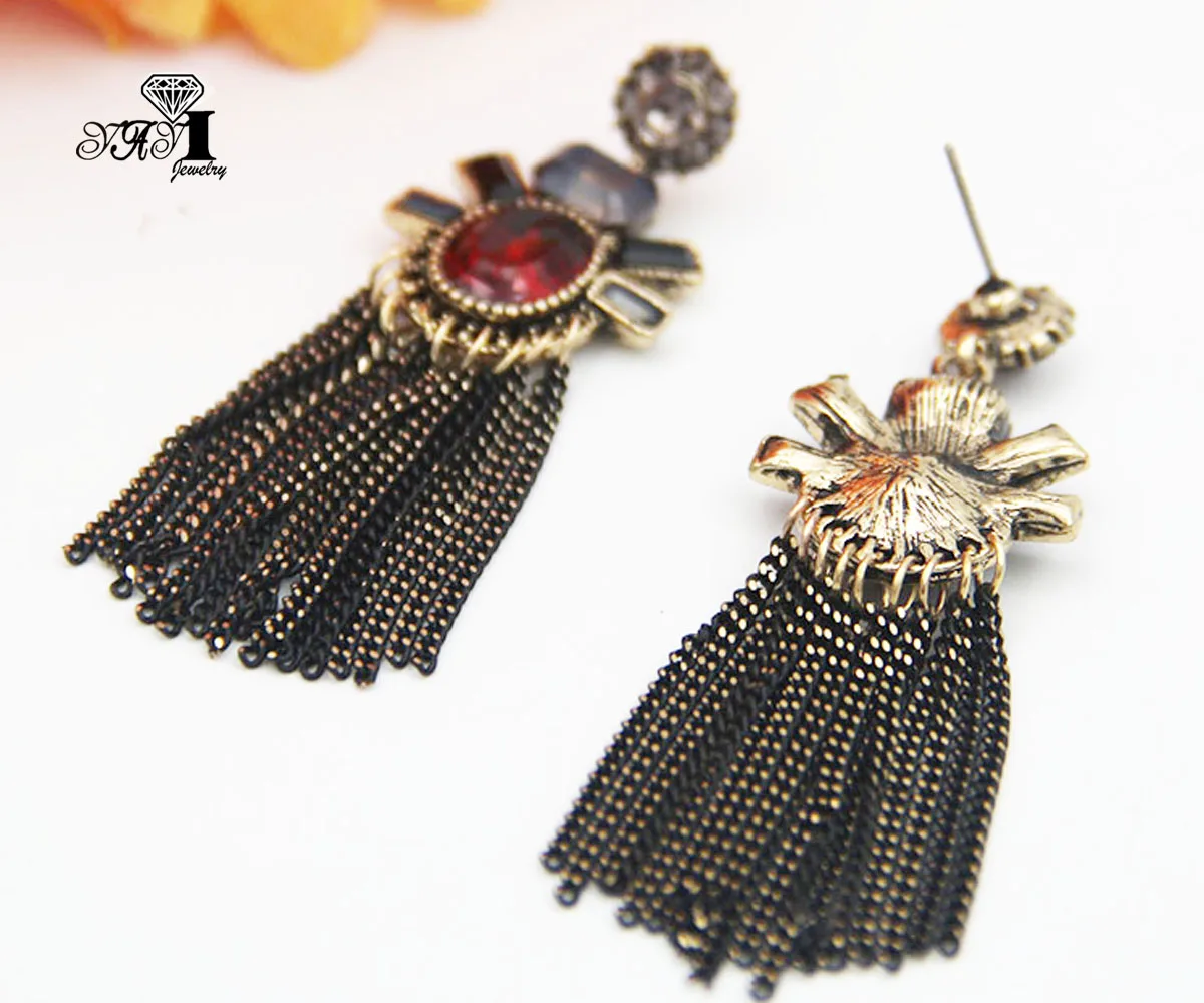 Ювелирные изделия YaYi, модное богемное красное стекло с украшением в виде кристаллов Стразы длинные висячие серьги для женщин древнее золото Цвет одежда повязка для ушей длинные серьги с кисточками