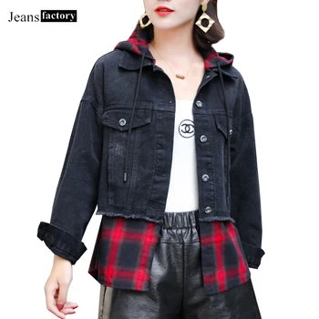 

Spring Autumn Hooded Denim Jackets Women Patchwork Hem Full Sleeve Single Breasted Casual Black Jeans Jacket Womens Short Coat