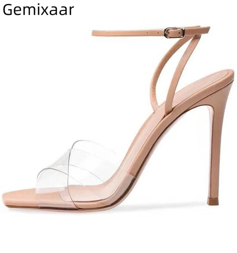

Thin Cross Ankle Buckle Sandals Women 2019 Chic Clear PVC Round Toe Sandalias High Gladiator Heel Comfy Large Size Women Sandals