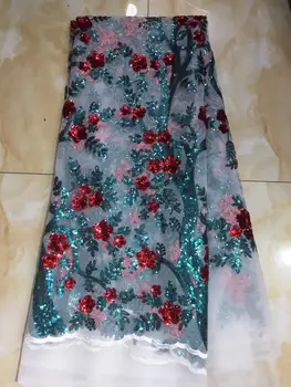 

Beautiful Green Red White 3 D Lace Applique Flower Nigerian Lace Fabric With Sequins Sell Well Hign Quality Lace Trim Dress