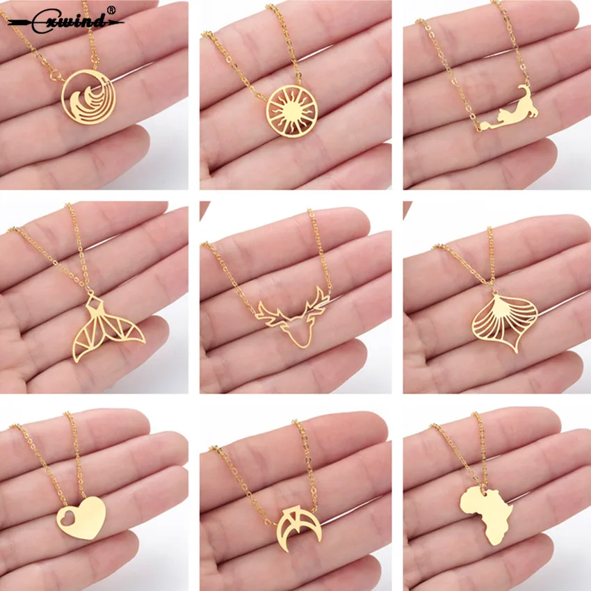 

Cxwind Stainless Steel Sun Necklace Origami Tail Heart Cat Ocean Wave Chain Choker Necklaces Pendants Women Simple kolye Gift