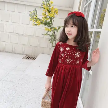 

kids autumn spring dress high quality handmade custom red velvet dress fashionable long sleeve round neck dress