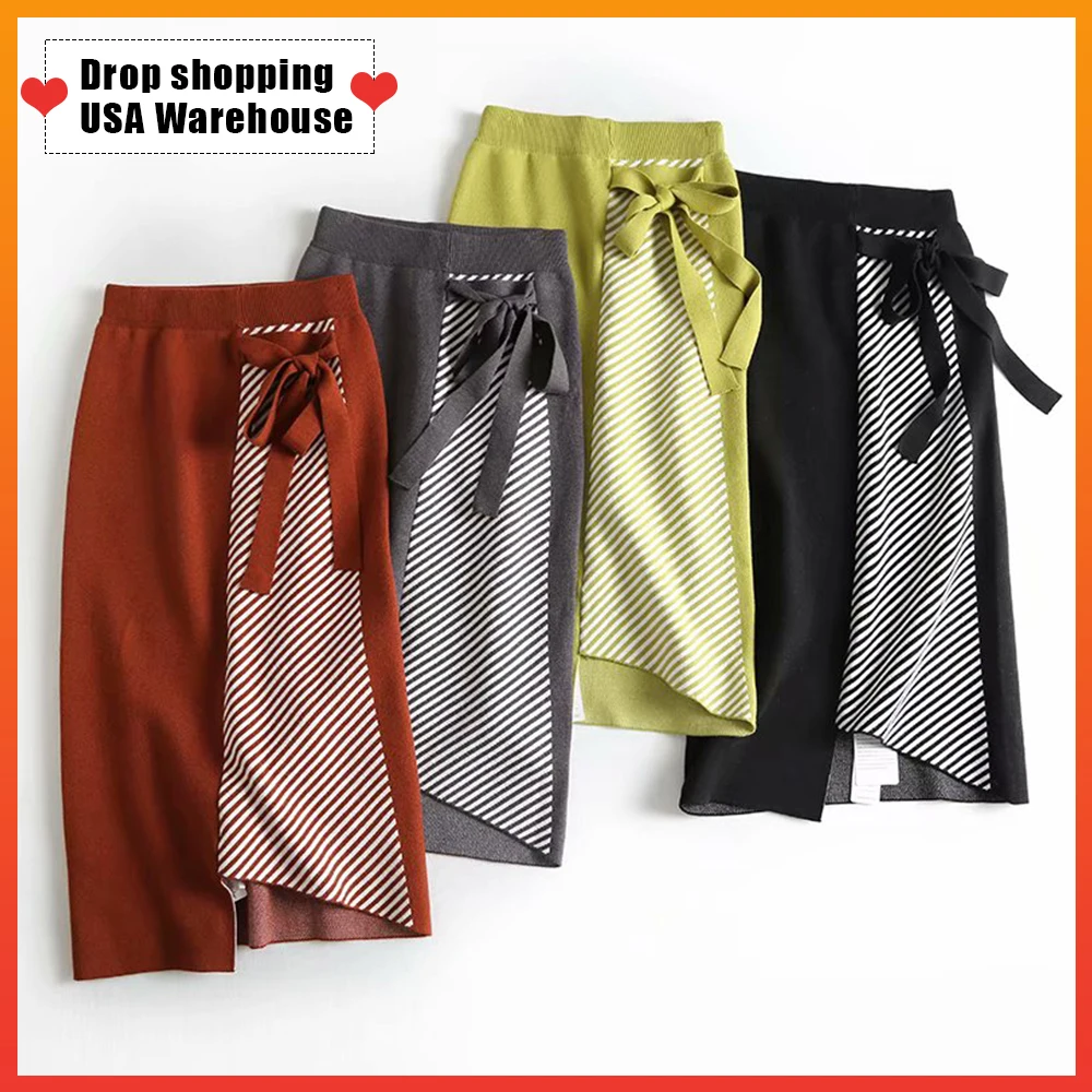 

OUSHANG High Waist Women Knot Belt Maxi Skirts Elegant Autumn Winter Pencil Sweater Skirt Irregular Hem Jacquard Knitted Skirts