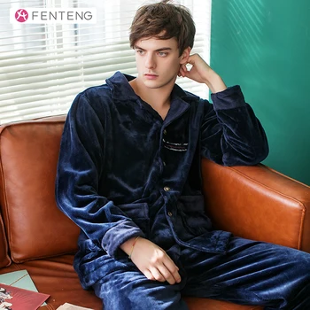 

FENTENG Men Long Sleeves Homewear Casual Velvet Male Sleepwear Dark Blue Comfortable Suit M98041682