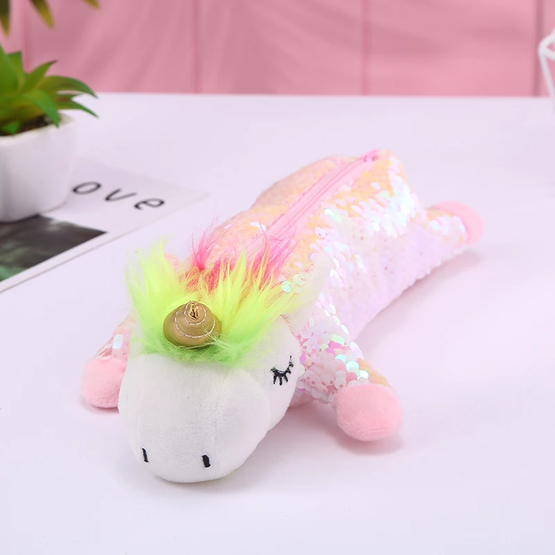 

Reversible Sequin Unicorn Pencil Case Kawaii Plush For Girl School Pencil Case Bag Cute Pencil Box Pen Pouch Stationery Supplies
