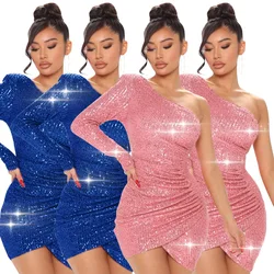 Sexy mulher vestido de lantejoulas um ombro mini vestido sem costas festa noite bodycon alta streetwear roupas para mulher vestidos