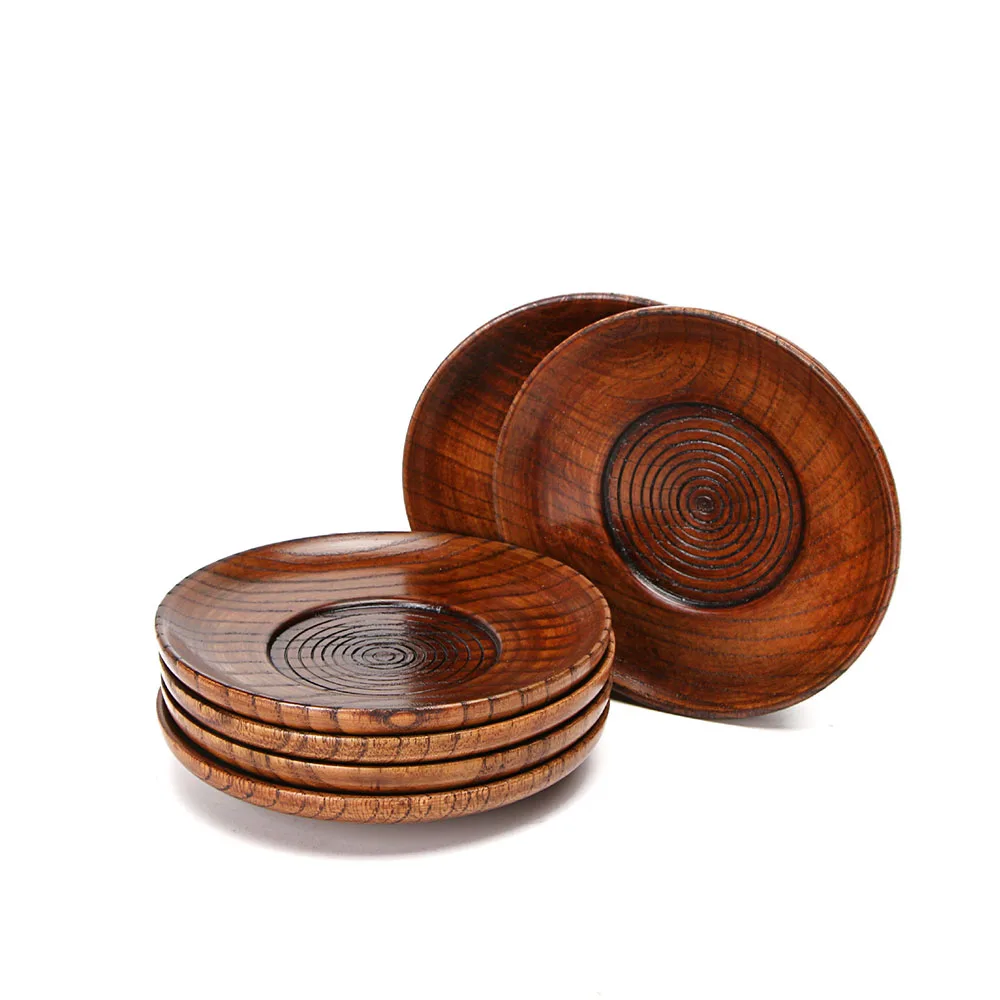 

Natural Wood Round Solid Wood Pan Plate Fruit Dishes Saucer Tea Tray Dessert Dinner Plate Ceramic Coffee Cup Set