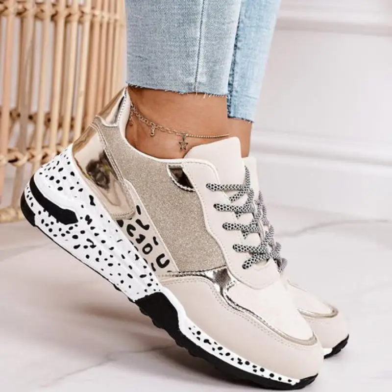 Zapatillas de deporte con cordones para mujer, zapatos deportivos con plataforma, transpirables, con estampado de leopardo, vulcanizados