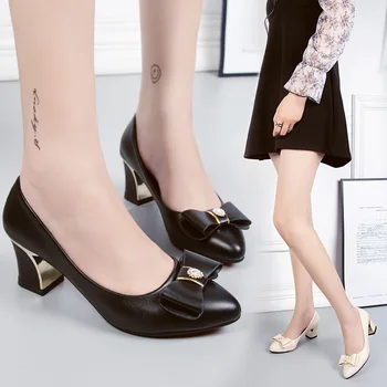 

New Korean style casual fashion all-match Fashion single shoes pointed thick heel solid color shallow mouth mid heel women's