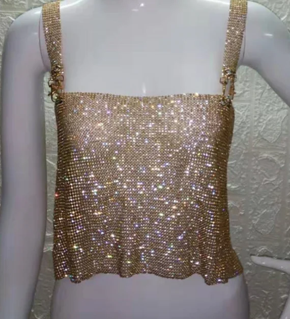 Женская майка Топ жилет Vogue Металл Chainmail блестящие женские короткие топы цепь тела слинг Дамы Черное золото серебро Блестящий Глиттер - Цвет: Золотой