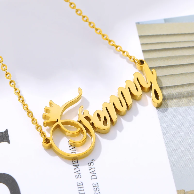 

Personalized Name Crown Necklace Customized Cursive Font Nameplate Pendents Stainless Steel Gold Chain Handmade Female Jewelry