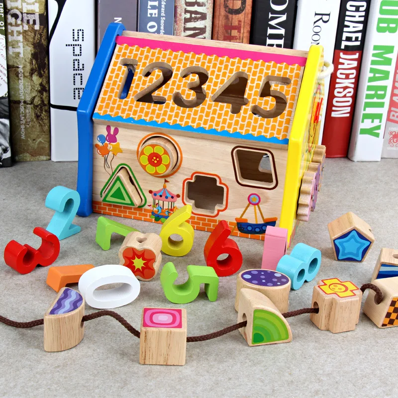 

Wooden Building Blocks Beaded Bracelet Five in One Multi-functional Small House Children'S Educational Early Childhood with Numb