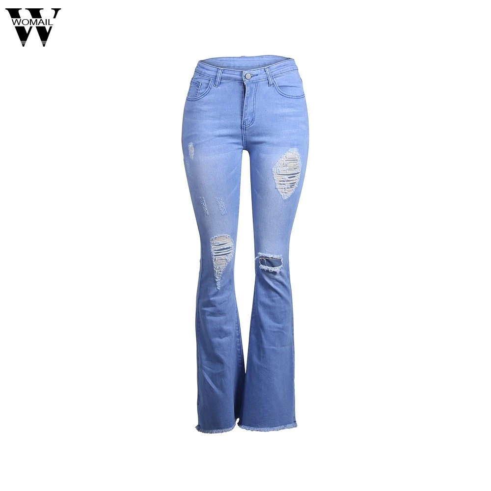 Womail Плюс Размер Высокая талия рваные джинсы с кроем для женщин Женские Широкие джинсовые брюки Рваные Джинсы бойфренда