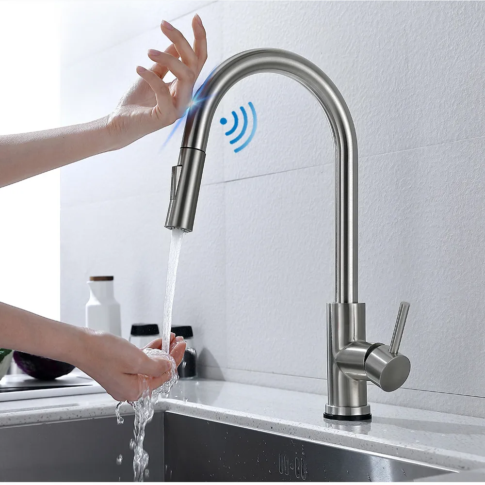 Kitchen Faucet 304 Stainless Steel Pull Out Touch Sensor Water Faucet Smart Induction Hot and Cold Water Mixer Tap Sink Torneira