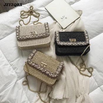 

Straw Bags for Women Woven Shoulder Bags Lace Beading Metal Chain Messenger Bags Summer Bohemian Seaside Vacation Beach Bag